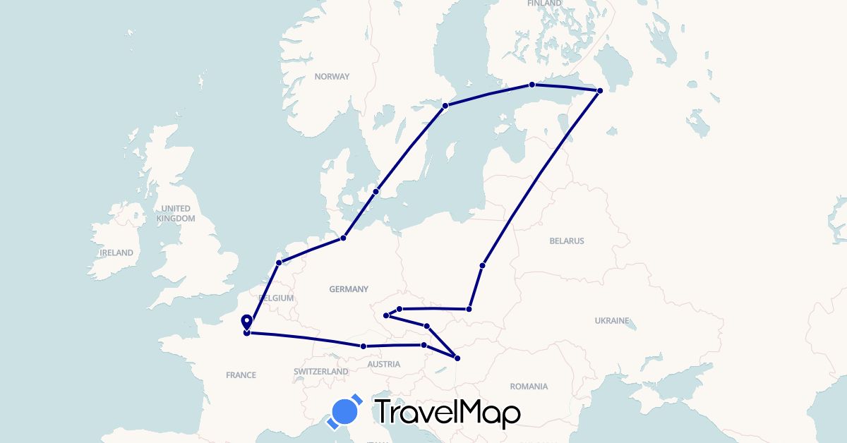 TravelMap itinerary: driving in Austria, Czech Republic, Germany, Denmark, Finland, France, Hungary, Netherlands, Poland, Russia, Sweden (Europe)